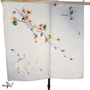 Vintage Silk Scarf w Delicate Yellow Flower Print Hand Rolled Hem 29x30 -Hey Viv